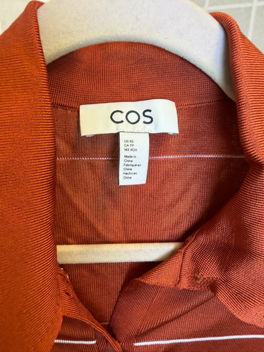 COS Women's Rust Short-Sleeve Polo with White Stripes - Picture 2 of 5